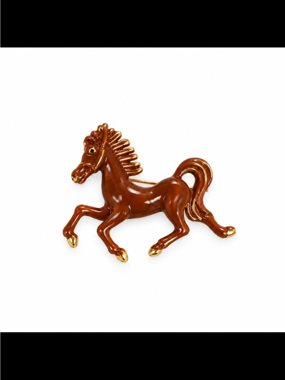 Vintage Style Brown Enamel Horse Brooch Gold Tone Equestrian Miniature